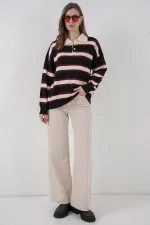 Women's Striped Polo Neck Knitwear Sweater 15952 - Black
