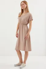 2378 V-Neck Slit Knit Dress - Biscuit 2378 V-Neck Slit Knit Dress - Biscuit
