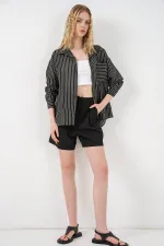 Kadın Tek Cepli Çizgili Oversize Gömlek 20375 - Siyah Kadın Tek Cepli Çizgili Oversize Gömlek 20375 - Siyah