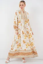 2423 Otantik Desenli Hardal Elbise