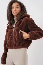 5193 Hooded Plush Crop Jacket - Brown