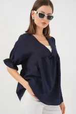 Kadın Önü Bağcıklı Kısa Kol Bluz 962 - Lacivert