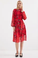 2459 Lined Patterned Tulle Dress - Red