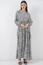 Kadın Desenli Uzun Tesettür Elbise 2585 - Gri