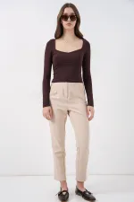 Kadın Kare Yaka Slim Fit Bluz 986 - Kahverengi