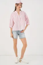 Kadın Çizgili Oversize Bluz 967 - Pudra