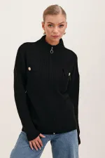 15862 Cardigan en tricot zippé avec poches détaillées - Noir