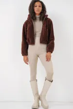 5193 Hooded Plush Crop Jacket - Brown