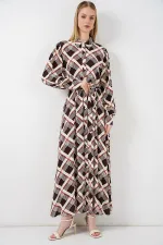 Kadın Boydan Düğmeli Uzun Tesettür Elbise 2588 - Kahve Bej