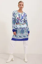 5902 Kemerli Desenli Elbise - Saks