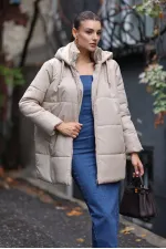 5163 Kapüşonlu Oversize Şişme Mont - Bej