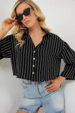 Women's Striped Oversize Short Shirt 20326 - Black