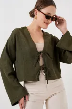 Tie-Front Linen Kimono 960 - Khaki