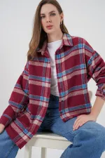 Kadın Ekose Desen Oversize Oduncu Gömlek 3854 A.Kiremit