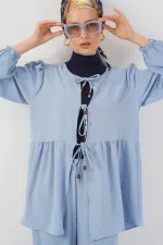 Kadın Önü Bağcıklı Tunik Pantolon İkili Takım 6744 - Mavi