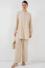 Ensemble deux pièces tunique et pantalon en lin 6678 - Crème
