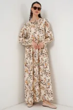 1947 Desenli Uzun Elbise - Bej