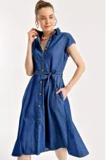 1677 Buttoned Belted Denim Dress - Navy Blue