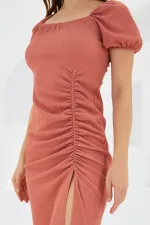 Kadın Gül Kurusu Yırtmaçlı Yazlık Örme Elbise 2396