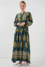 2423 Otantik Desenli Tesettür Elbise - Yeşil 7