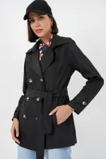 Women's Belted Short Trench Coat 5982 - Black Women's Belted Short Trench Coat 5982 - Black