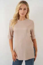 4332 Yanı Yırtmaçlı Örme Tişört - Bisküvi