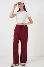 Women's Wide Leg Linen Trousers 6735 - Burgundy