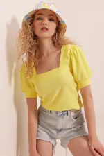 0409 Square Collar Knitted Blouse - Yellow