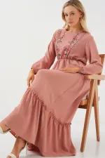 Kadın Nakışlı Uzun Tesettür Elbise 2550 - Pudra