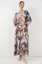 Kadın Desenli Uzun Tesettür Elbise 2585 - A. Kiremit