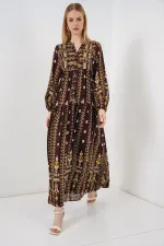 Kadın Desenli Uzun Tesettür Elbise 2585 - Düz Kahverengi