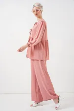 Kadın Önü Bağcıklı Tunik Pantolon İkili Takım 6744 - Pudra