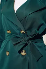T5853 Kruvaze Yaka Tesettür Trençkot - Zümrüt Yeşili