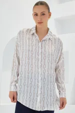 Women's Beige White Patterned Oversize Satin Shirt 3985