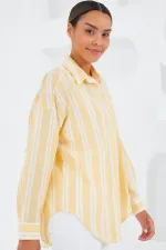 Kadın Sarı Beyaz Çizgili Oversize Keten Gömlek 20251
