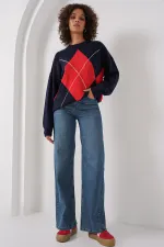 Pull oversize en maille à motif baklava 15895 - Bleu marine