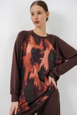 Kadın Desenli Oversize Tunik Pantolon İkili Takım 55462 - Kahverengi