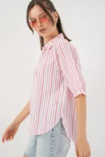 Kadın Çizgili Kısa Kol Gömlek 20345 - Pudra