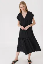 2398 V-Neck Ruffled Dress - Black