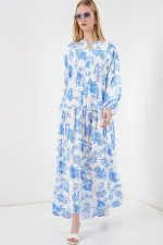 Kadın Desenli Uzun Tesettür Elbise 2585 - Buz Mavi