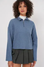 55449 Zippered Collar Knitted Sweatshirt - Indigo