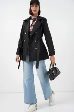 Women's Belted Short Trench Coat 5982 - Black Women's Belted Short Trench Coat 5982 - Black