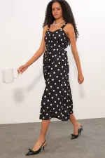 Women's Polka Dot Button-Front Strappy Midi Dress 2603 - Black