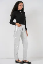 Kadın Yüksek Bel Parlak Pantolon 6738 - Gümüş