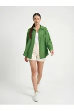 20153 Single Pocket Oversize Linen Shirt - Dark Green 20153 Single Pocket Oversize Linen Shirt - Dark Green