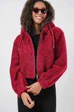 5193 Hooded Plush Crop Jacket - Claret Red
