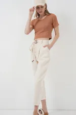 6660 Kemerli Keten Pantolon - Krem