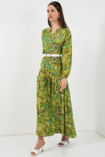 Kadın Desenli Uzun Tesettür Elbise 2585 - G.Yeşil