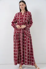 Kadın Desenli Uzun Tesettür Elbise 2585 - F.Bordo