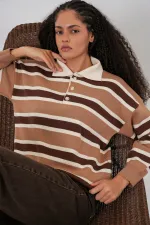 Women's Striped Polo Neck Knitwear Sweater 15952 - Mink